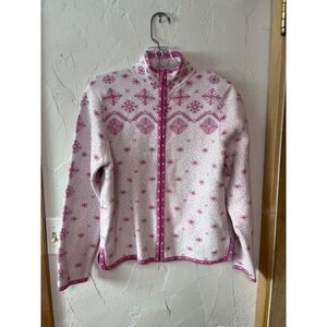 LLBean Womens Fleece Full Zip Jacket Snowflake Nordic Print Pink White Size S
